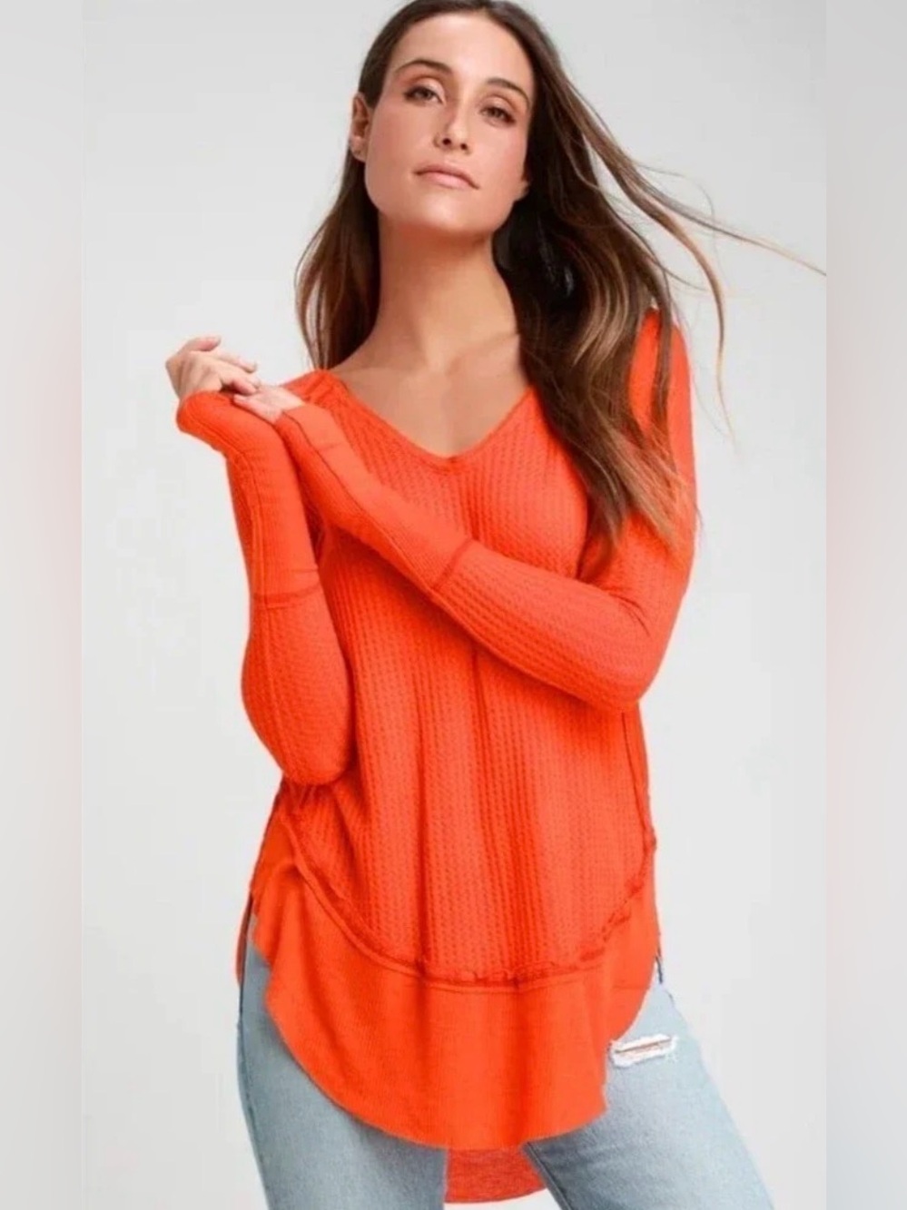 Free People Bright Orange V-Neck Waffle Knit Pullover